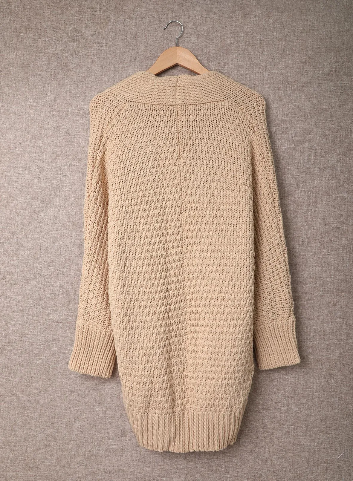 Beige Open Front Pocket Casual Knitted Cardigan