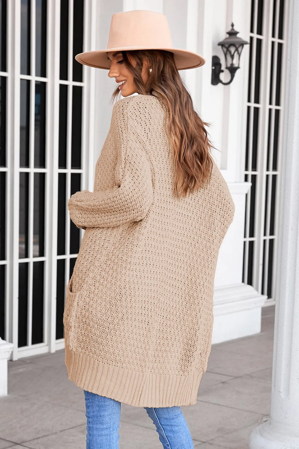 Beige Open Front Pocket Casual Knitted Cardigan