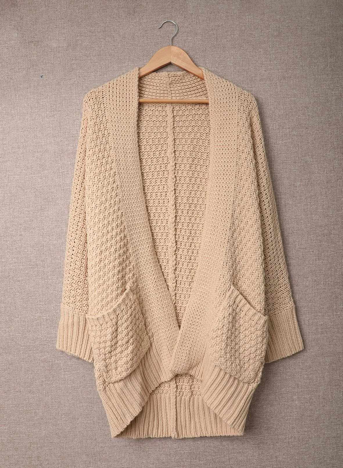 Beige Open Front Pocket Casual Knitted Cardigan