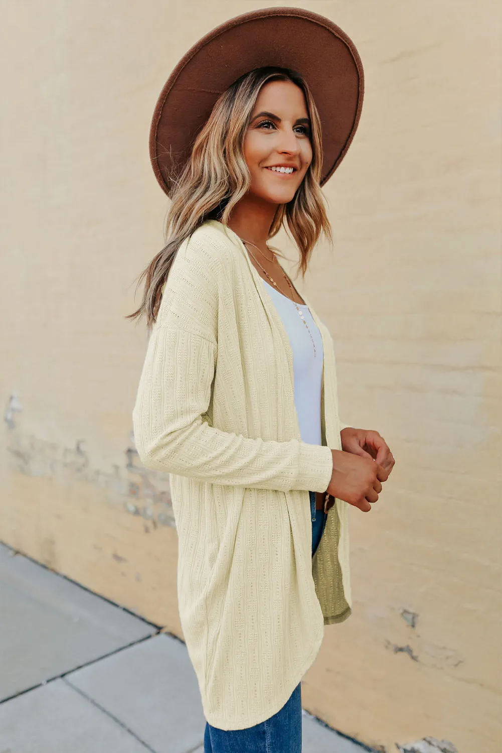 Beige Open Front Textured Knit Cardigan