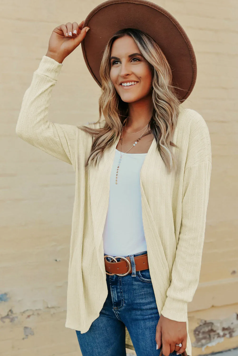 Beige Open Front Textured Knit Cardigan