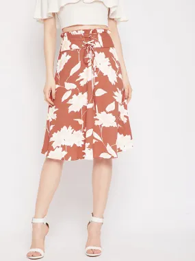 Berrylush Women Brown & White Floral Printed Corset Paperbag Straight A-Line Midi Skirt