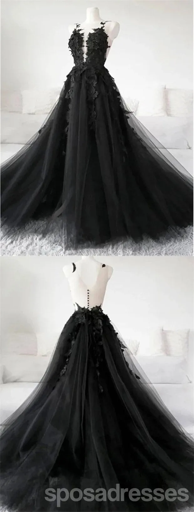 Black A-line Spaghetti Straps V-neck Long Prom Dresses Online,12732