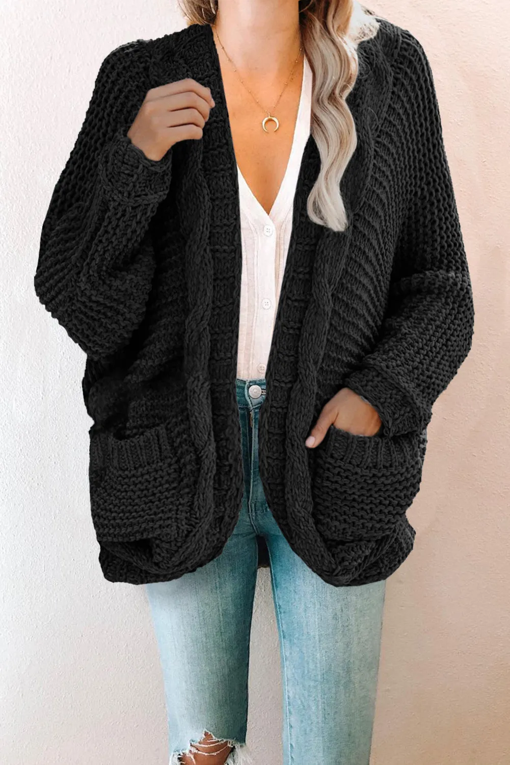 Black Chunky Knit Pocketed Cardigan