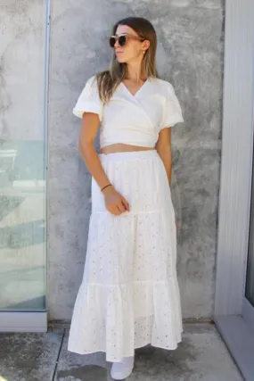 White California Maxi Skirt with Shirred Waist and Tiered Embroidery Anglaise Detailing