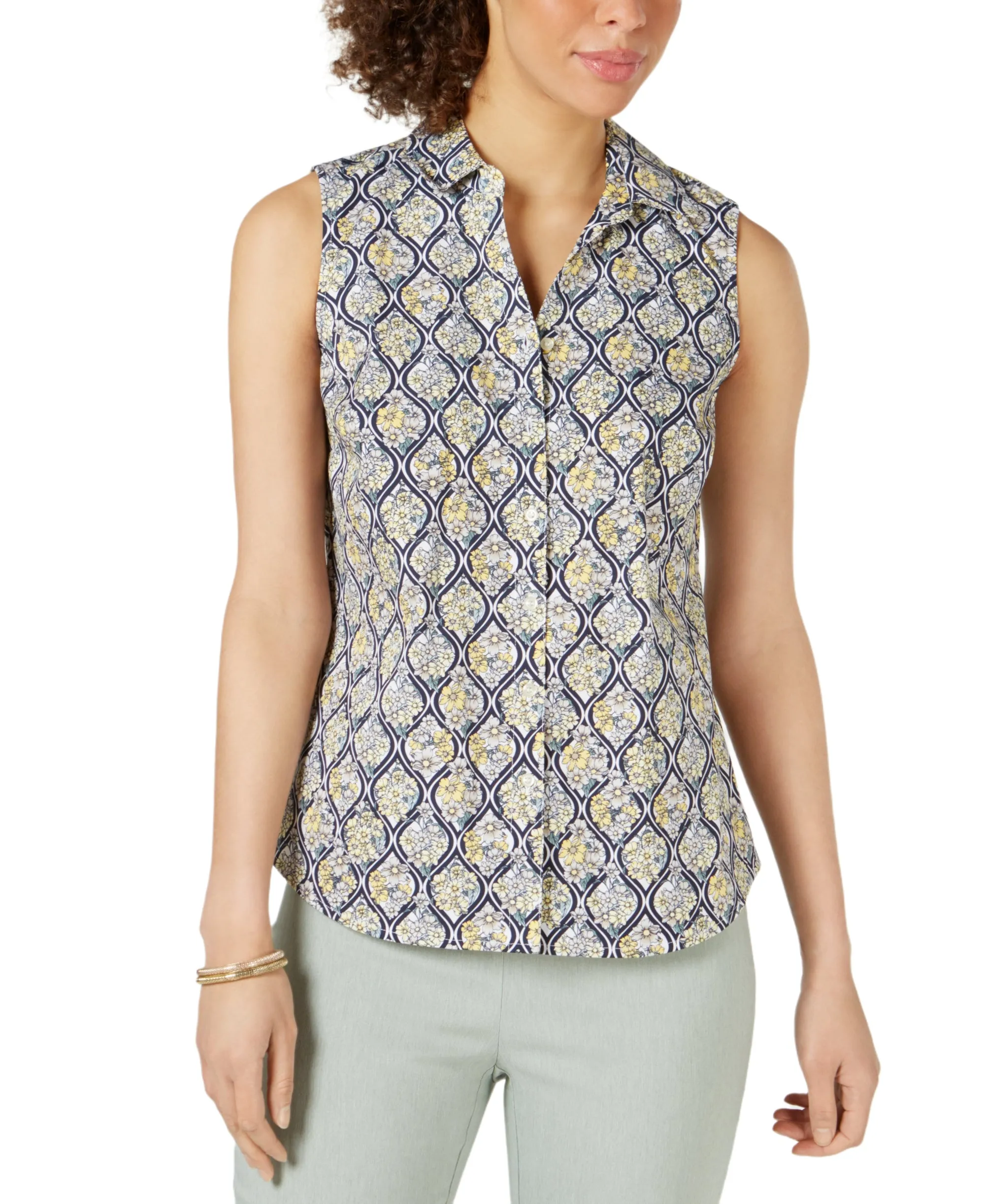 Charter Club Women's Printed Sleeveless Shirt, Citron Aura Cmb, 16