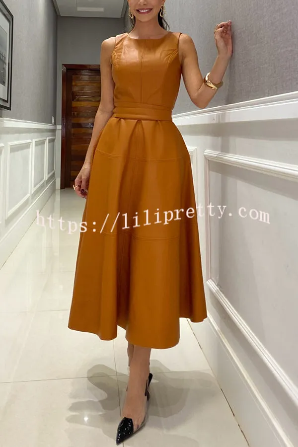 Chic Ensemble Faux Leather Princess Line Back Zipper Umbrella Midi Dress