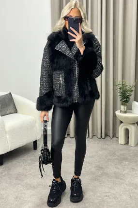 Colleen Black Embellished Faux Fur Denim Biker Jacket