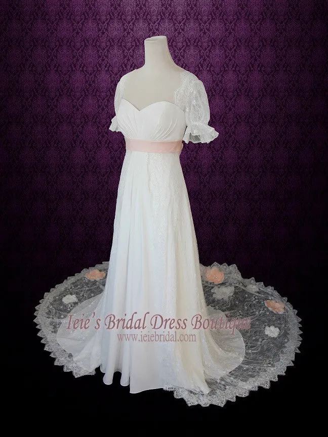 Empire Lace Wedding Dress with Sleeves Pink Sash and Flowers ANTJE