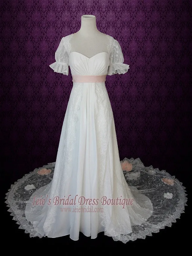 Empire Lace Wedding Dress with Sleeves Pink Sash and Flowers ANTJE