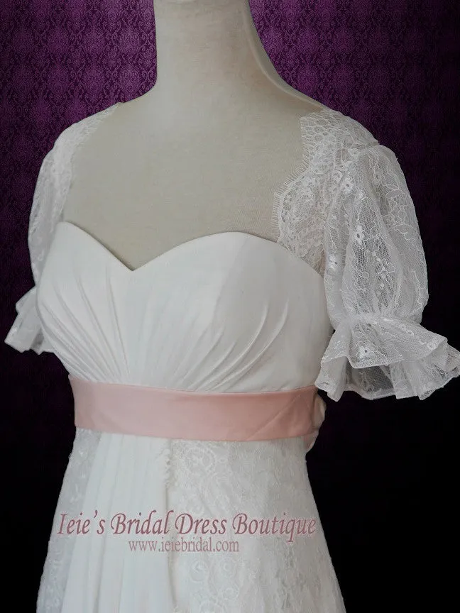 Empire Lace Wedding Dress with Sleeves Pink Sash and Flowers ANTJE