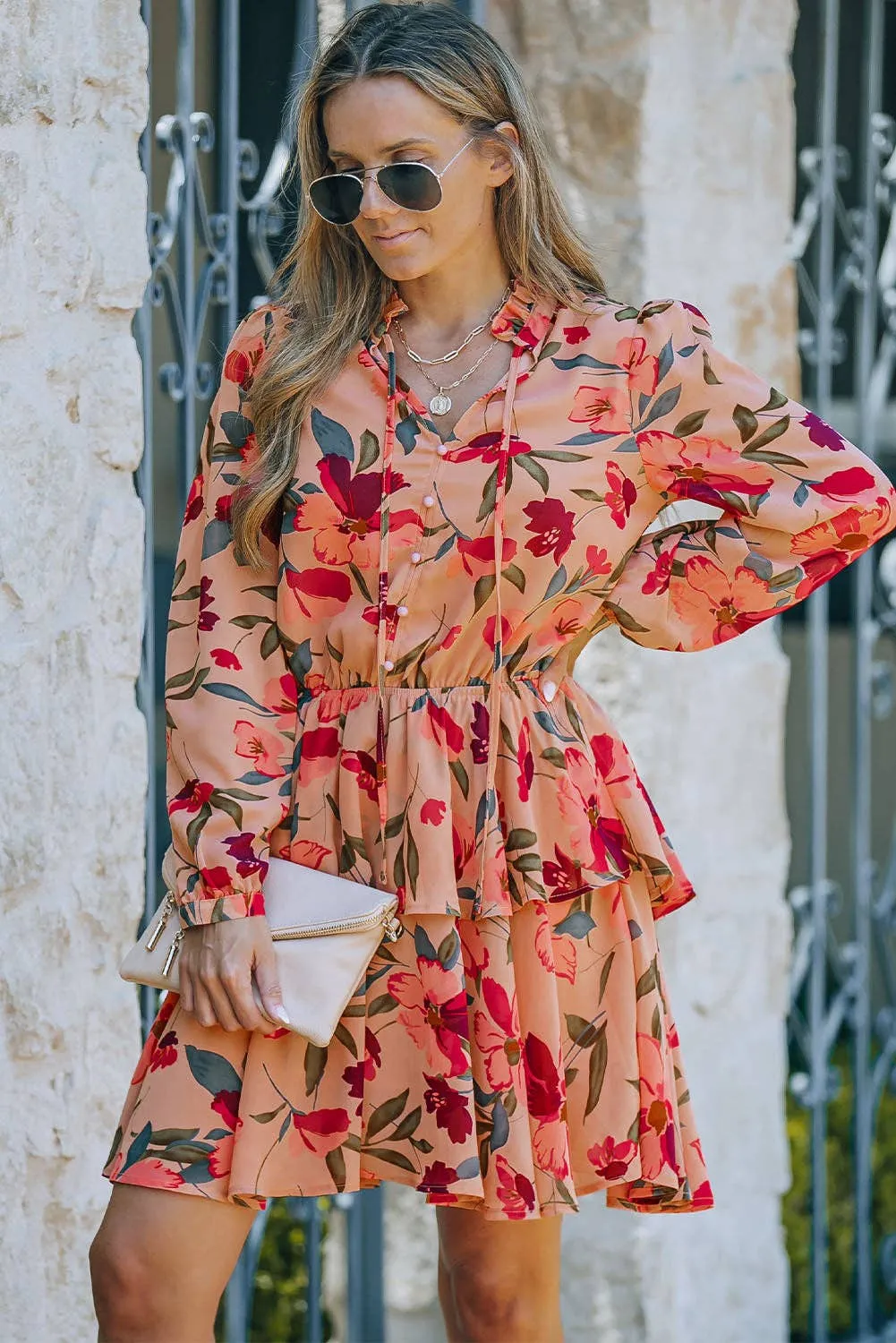 Fiery Red Frilled Collar Long Sleeve Floral Dress