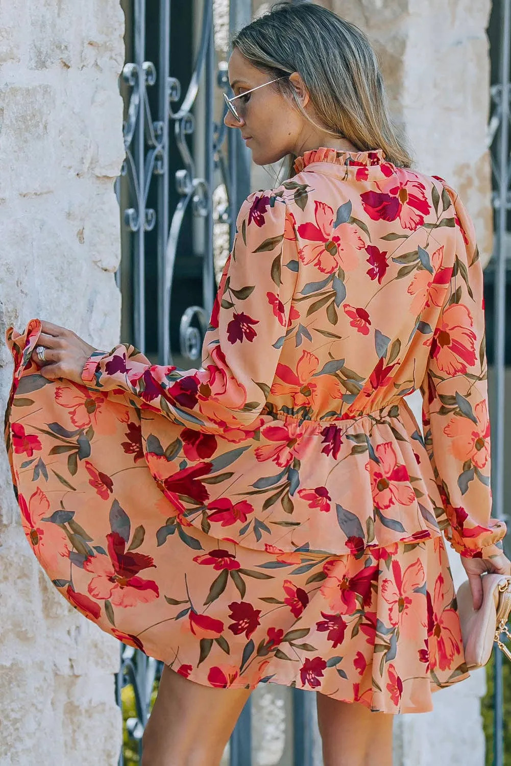 Fiery Red Frilled Collar Long Sleeve Floral Dress