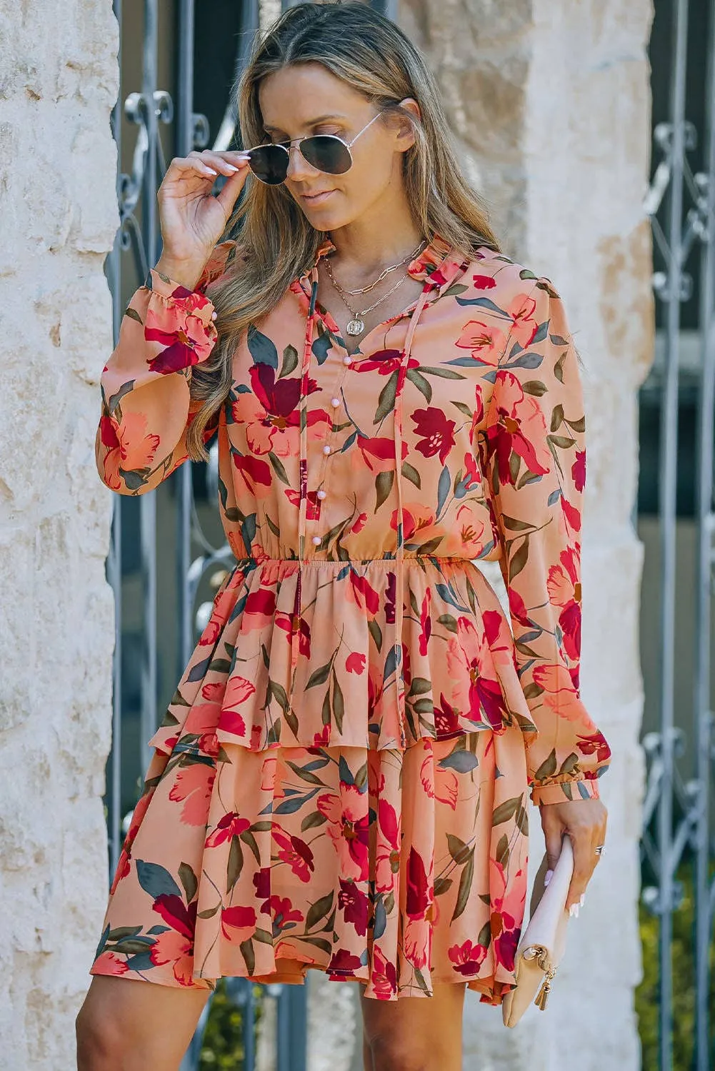 Fiery Red Frilled Collar Long Sleeve Floral Dress