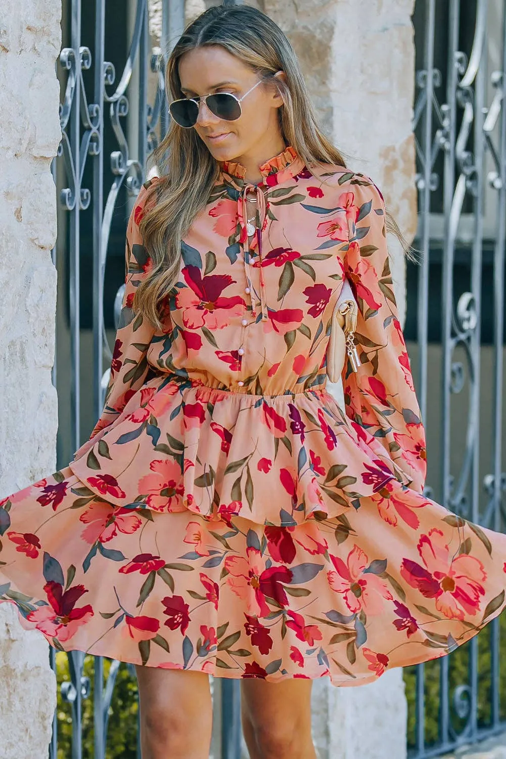 Fiery Red Frilled Collar Long Sleeve Floral Dress