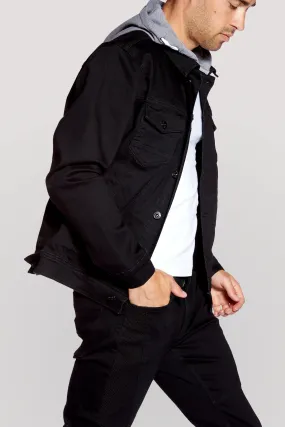 Men's Denim Jacket With Built-In Hood - Black