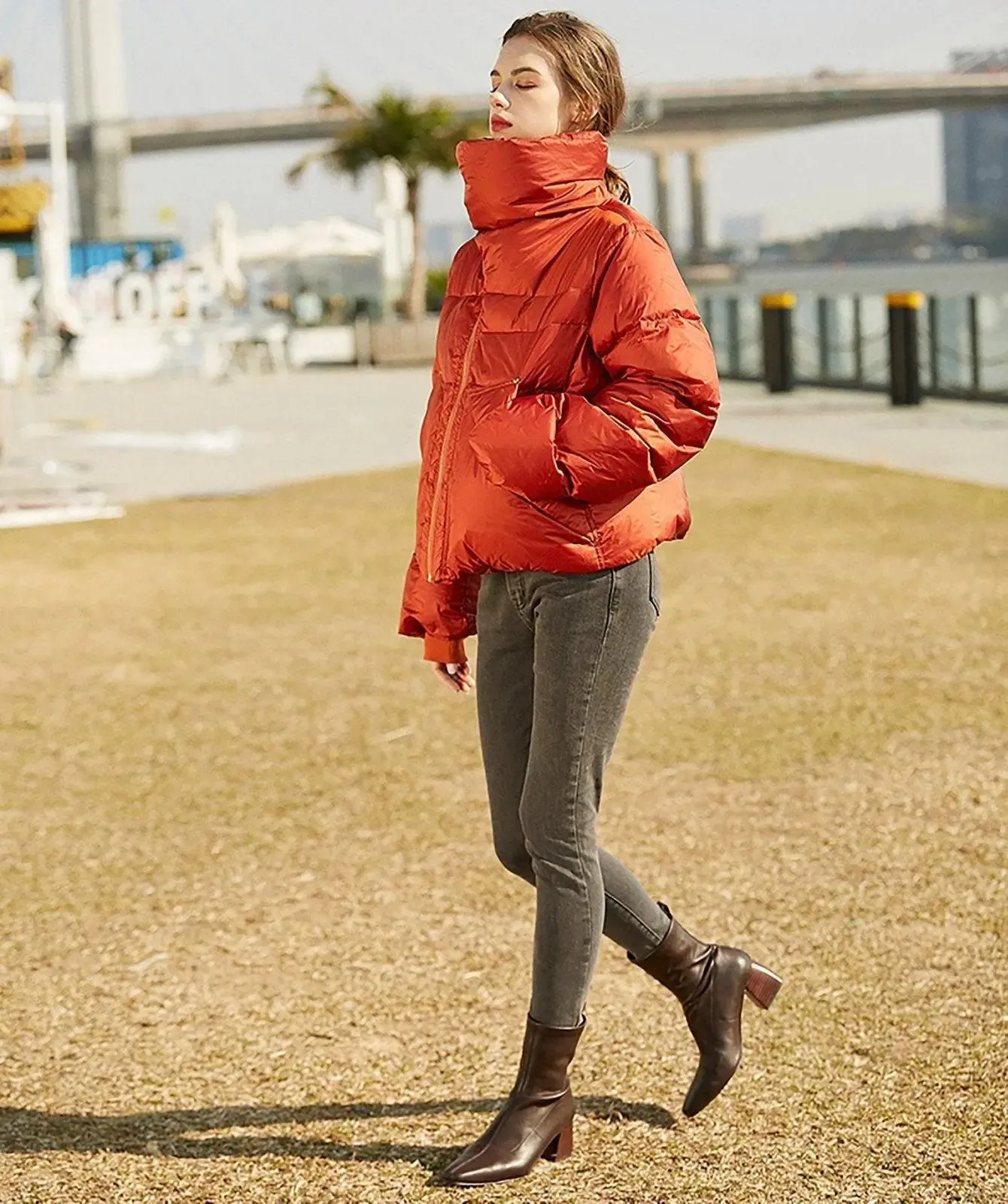 Orange High Neck Down Puffer Jacket