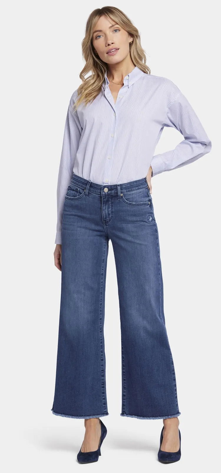 Teresa Wide Leg Ankle Jeans Gerafelde Zoom Mediumblauw Premium Denim | Riverwalk