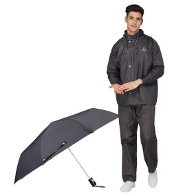 THE CLOWNFISH Combo Of Rain Coat for Men Waterproof Polyester (Grey 3XL) Umbrella Savior Series 3 Fold Waterproof Polyester (Black)