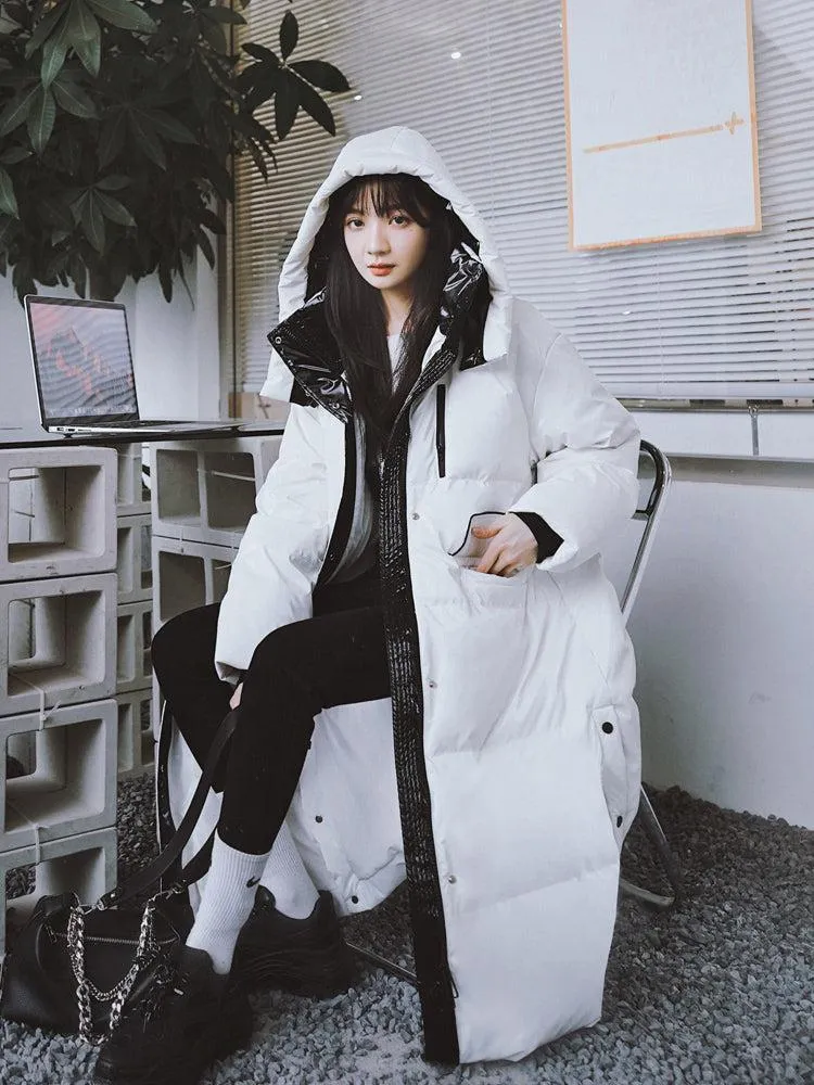 Women White Hooded Long Down Coat Warm Quilted Down Puffer Parka Oversize Black Winter Coat