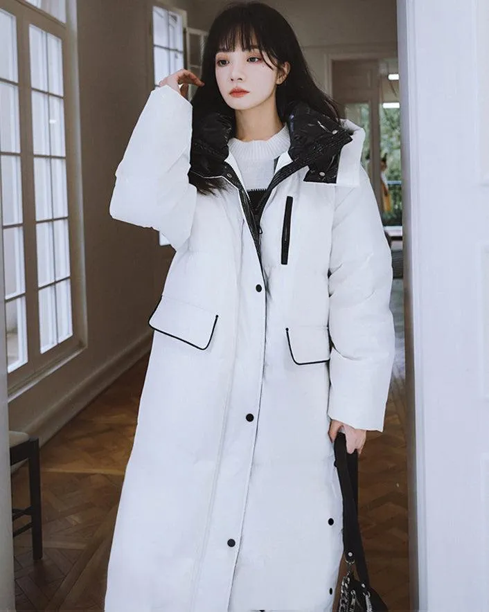 Women White Hooded Long Down Coat Warm Quilted Down Puffer Parka Oversize Black Winter Coat