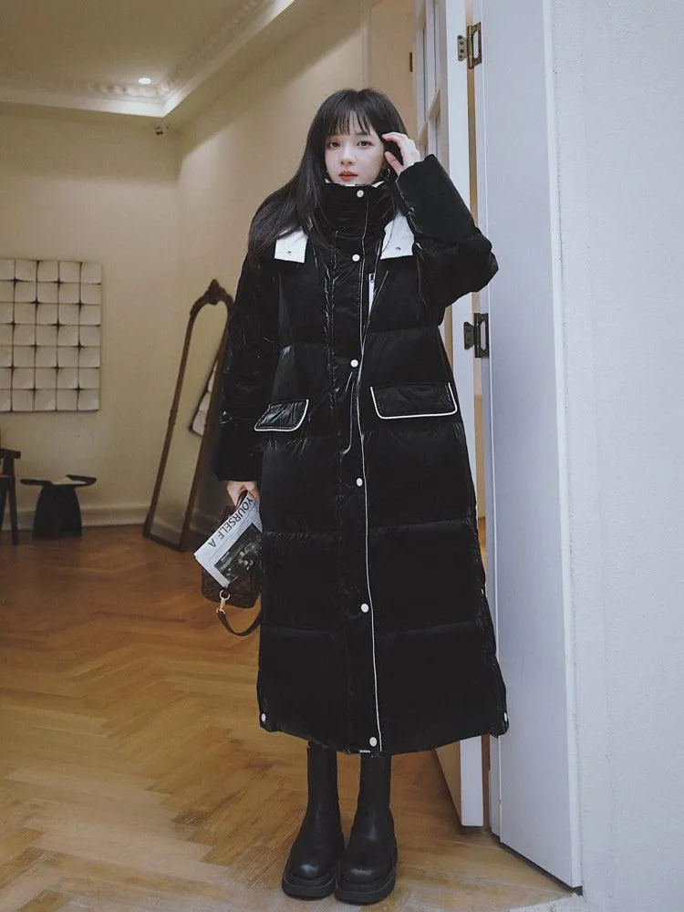 Women White Hooded Long Down Coat Warm Quilted Down Puffer Parka Oversize Black Winter Coat